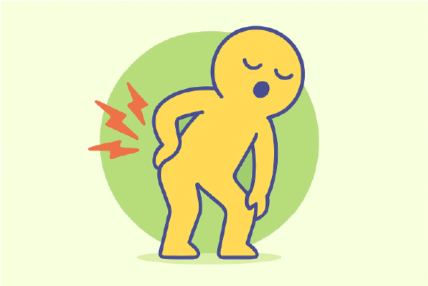 Ilustración de una figura humana en color amarillo, inclinada hacia un lado con expresión de molestia, tocándose la parte baja de la espalda, en referencia al lumbago.