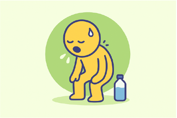 Ilustración de una figura agotada, sudando y con expresión de fatiga, junto a una botella de agua sobre un fondo verde claro. Ideal para representar cansancio físico.