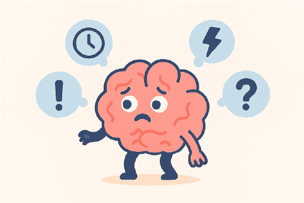 Ilustración de un cerebro con expresión ansiosa, rodeado de íconos de alerta, reloj, rayo y signo de interrogación, representando sobrecarga mental y ansiedad