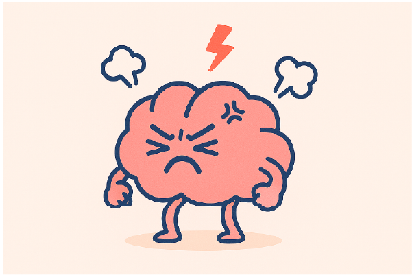 Cerebro antropomorfizado con expresión de enojo, puños cerrados y vapor saliendo de los costados, simbolizando la irritabilidad emocional.