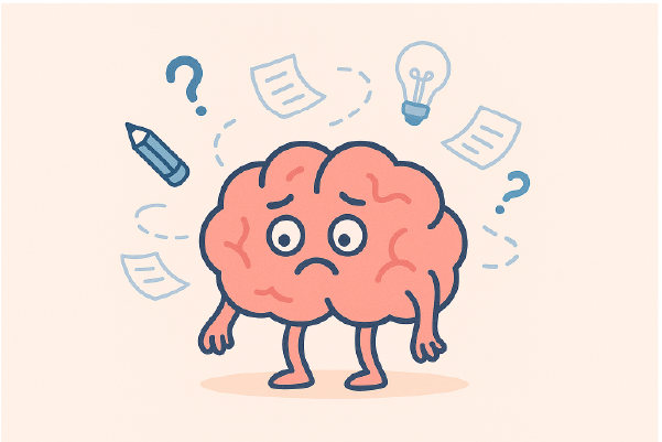 Ilustración de un cerebro con expresión confundida, rodeado de signos de interrogación, hojas flotando, un lápiz y una ampolleta, en referencia a la falta de concentración.