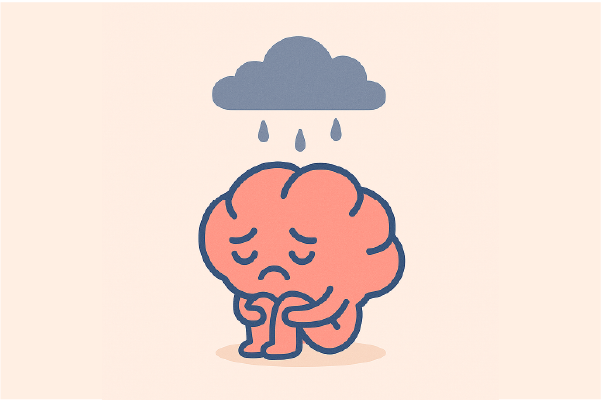 Ilustración de un cerebro con expresión triste, sentado con los brazos sobre las rodillas mientras una nube gris llueve sobre él, representando un bajo estado de ánimo.
