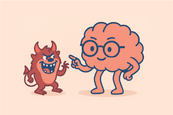 Ilustración de un cerebro con gafas que sonríe y señala con autoridad a un pequeño demonio caricaturesco, en una escena que simboliza el control del estrés crónico.