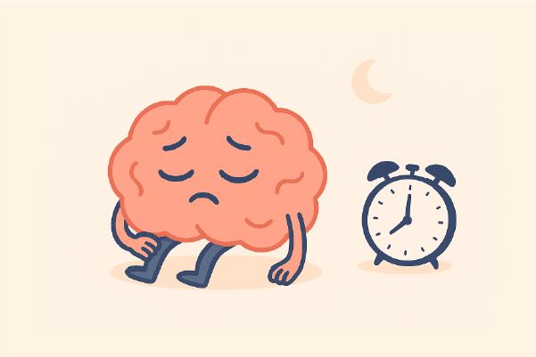 Ilustración de un cerebro con expresión cansada, sentado junto a un reloj despertador y una luna en el fondo, representando la dificultad para dormir por insomnio.
