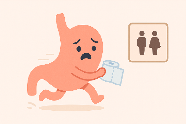 Ilustración de un estómago con expresión de urgencia corriendo hacia el baño con papel higiénico en la mano, representando un episodio de diarrea