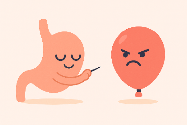 Caricatura de un estómago antropomorfizado que revienta con una aguja un globo rojo enojado, como símbolo de hinchazón abdominal