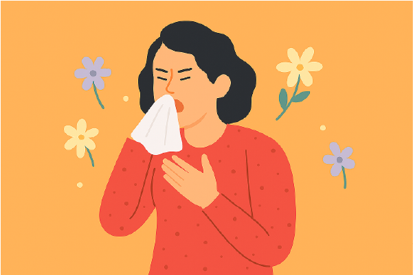 Mujer estornudando con un pañuelo en la mano, rodeada de flores, sobre fondo anaranjado. Ilustración alusiva a alergias estacionales en primavera.