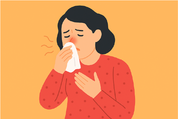 Ilustración de una persona usando suéter rojo, con expresión de malestar, limpiándose la nariz con un pañuelo; símbolo visual de congestión nasal