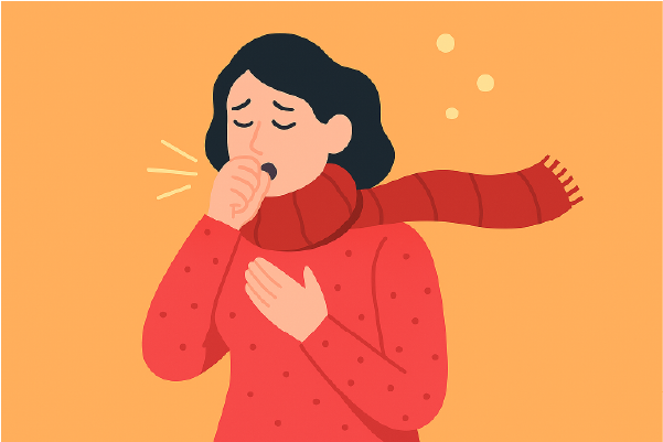 Ilustración de una mujer con bufanda tosiendo con expresión de malestar, símbolo de tos seca o irritación en la garganta