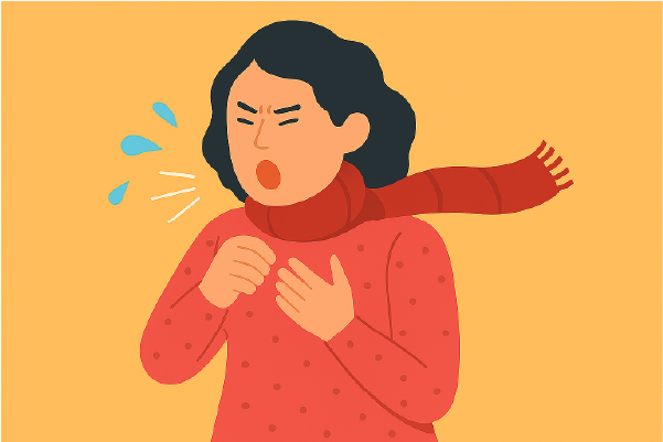 Ilustración de una mujer tosiendo con esfuerzo, envuelta en una bufanda, símbolo de tos con flema o congestión respiratoria.