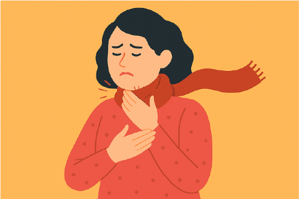 Ilustración de una mujer con expresión de malestar, abrigada con bufanda y tocándose la garganta con ambas manos, representando irritación o dolor de garganta leve.