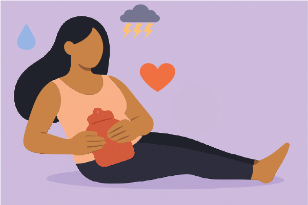 Ilustración de una persona recostada con una bolsa de agua caliente sobre el abdomen, símbolo de autocuidado durante el síndrome premenstrual.