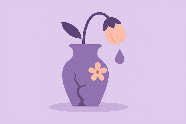 Ilustración minimalista de un florero agrietado con una flor marchita, símbolo visual de sequedad vaginal y malestar íntimo, sobre fondo violeta suave.