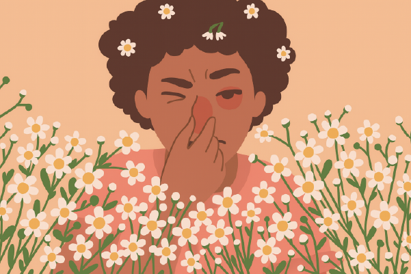 Ilustración de una persona con alergia, rodeada de flores blancas, tocándose la nariz enrojecida con gesto de molestia