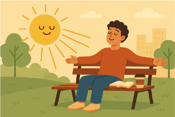 Hombre sentado en un banco de parque, con los brazos abiertos y expresión relajada, disfrutando de los rayos de un sol sonriente, junto a un libro y un café.